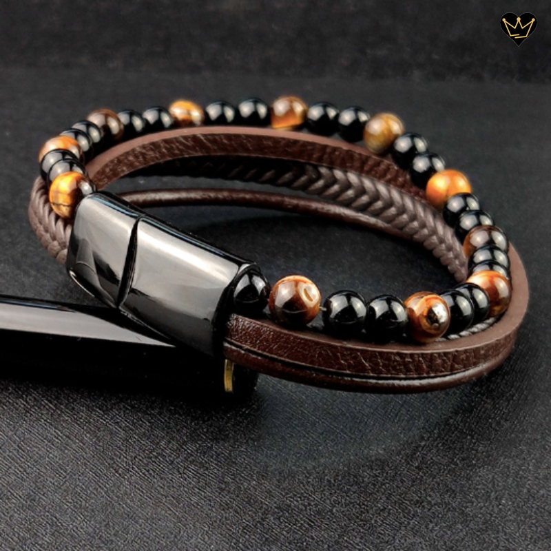 Brown Leather Bracelet with Tiger Eye Beads for Men – AKROCHIC