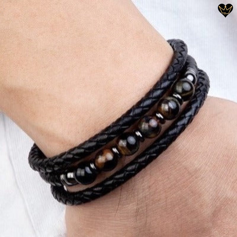 Bracelet en cuir avec six perles en pierres naturelles oeil de tigre noir pour homme