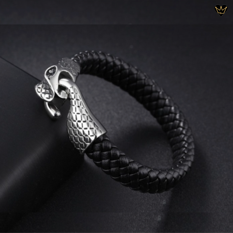 Bracelet cuir noir avec tête de serpent se mordant la queue en acier inoxydable - homme