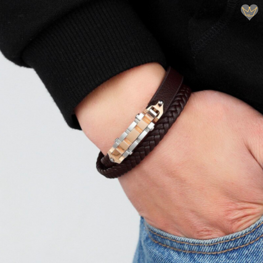 Bracelet en cuir véritable avec chaine en mailles design acier pour homme - hypoallergénique