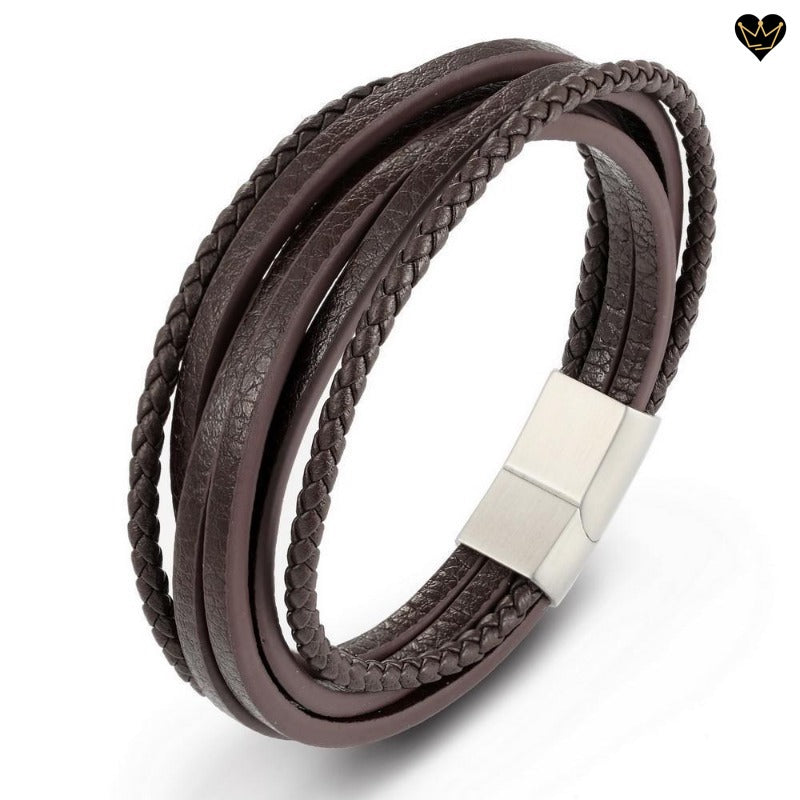 Bracelet en cuir véritable marron multilanières pour homme avec fermoir en acier magnétique - coloris argent