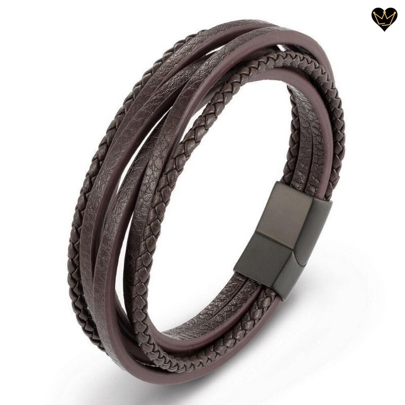 Bracelet en cuir véritable marron multilanières pour homme avec fermoir en acier magnétique - coloris noir