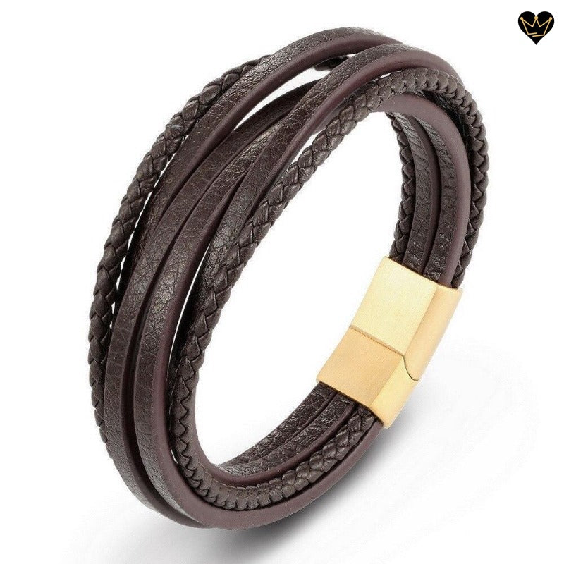 Bracelet en cuir véritable marron multilanières pour homme avec fermoir en acier magnétique - coloris or