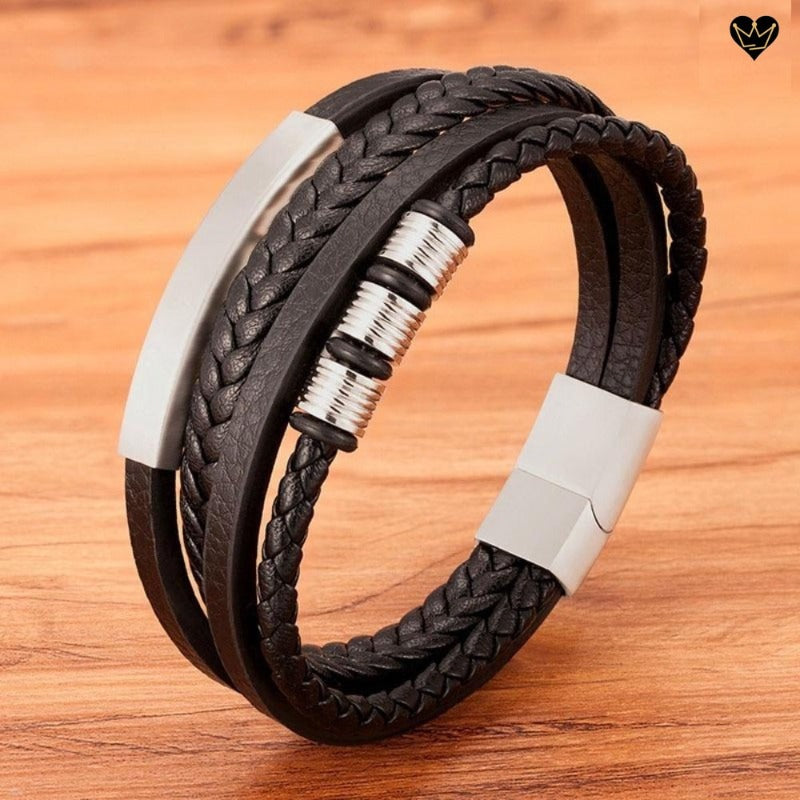 Bracelet en cuir véritable noir avec charms et perle acier inoxydable - coloris argent