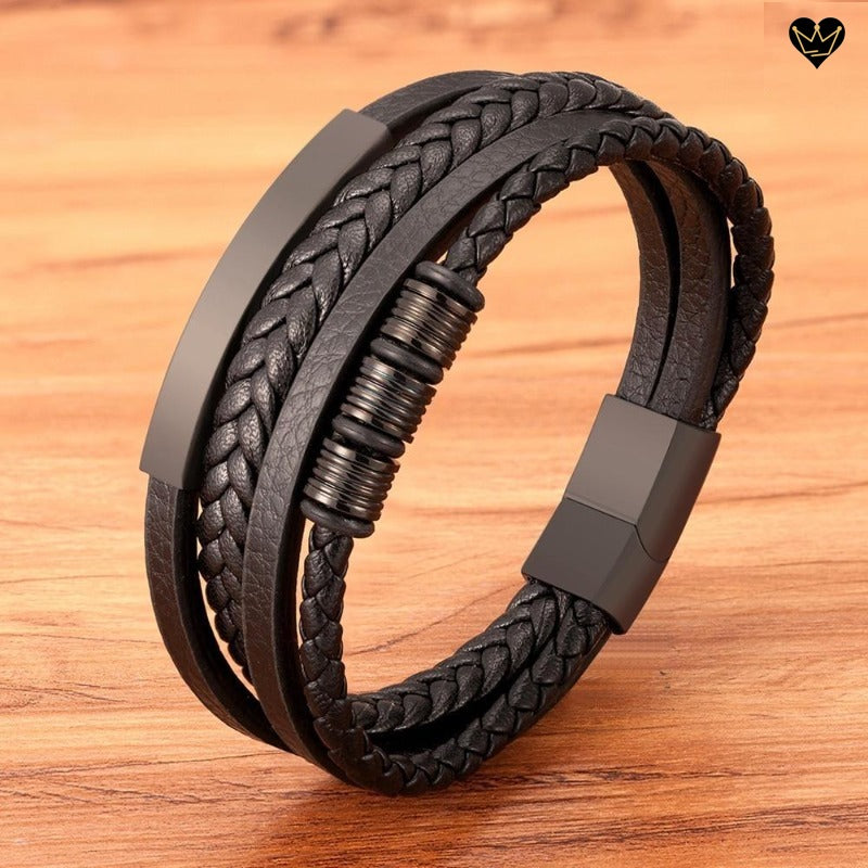Bracelet en cuir véritable noir avec charms et perle acier inoxydable - coloris noir