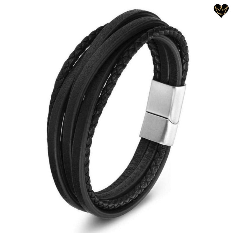 Bracelet en cuir véritable noir multilanières pour homme avec fermoir en acier magnétique - coloris argent