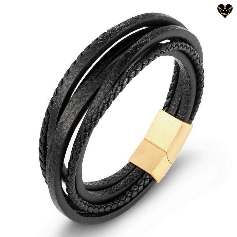Bracelet en cuir véritable noir multilanières pour homme avec fermoir en acier magnétique - coloris or