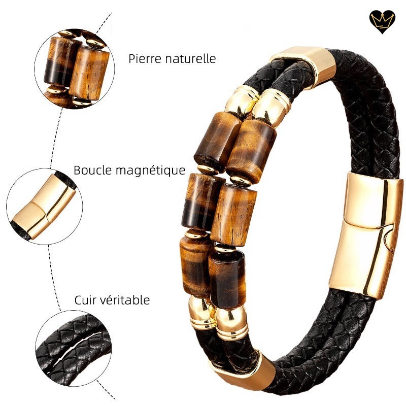 Bracelet en cuir veritable avec pierre naturelle et boucle magnétique