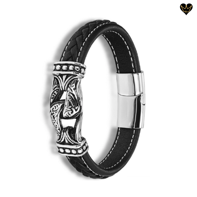 Bracelet pour homme avec boucles néogothique en acier argenté - cuir noir surpiqué blanc