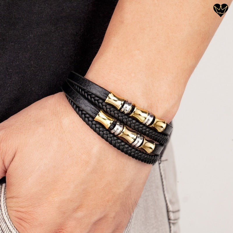 Bracelet pour homme en cuir véritable noir avec six charmes diabolo en acier - bracelet inoxydable et hypoallergénique