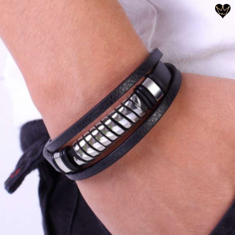 Bracelet homme en cuir noir véritable avec spirale en acier inoxydable - hypoallergénique