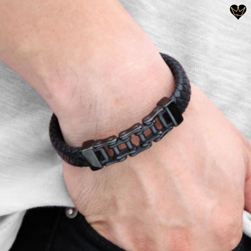 Bracelet pour homme en cuir véritable avec chaine de moto en acier inoxydable - hypoallergénique