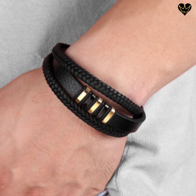 Bracelet pour homme en cuir véritable avec charms bagues doré et noir -hypoallergénique 