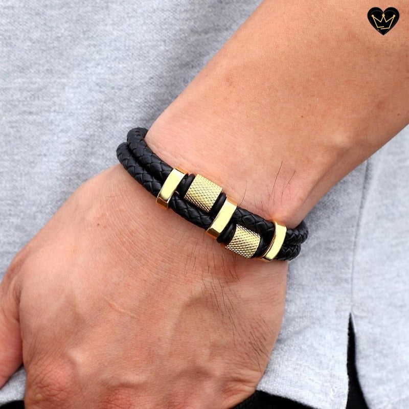 Bracelet pour homme en cuir véritable avec charms molettes en acier inoxydable - hypoallergénique
