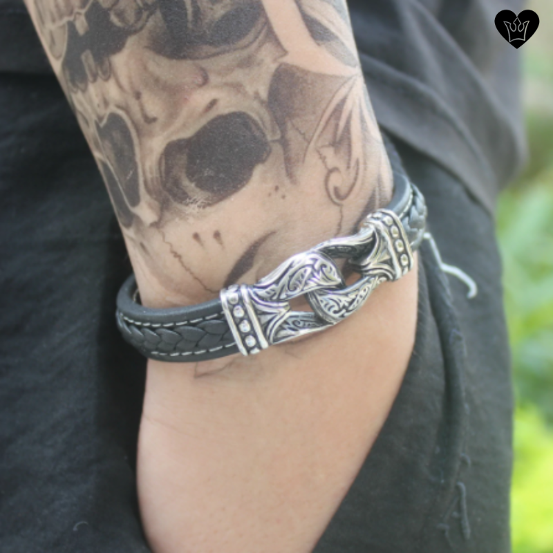 Leather Bracelet with Neo-Gothic Steel Buckles for Men