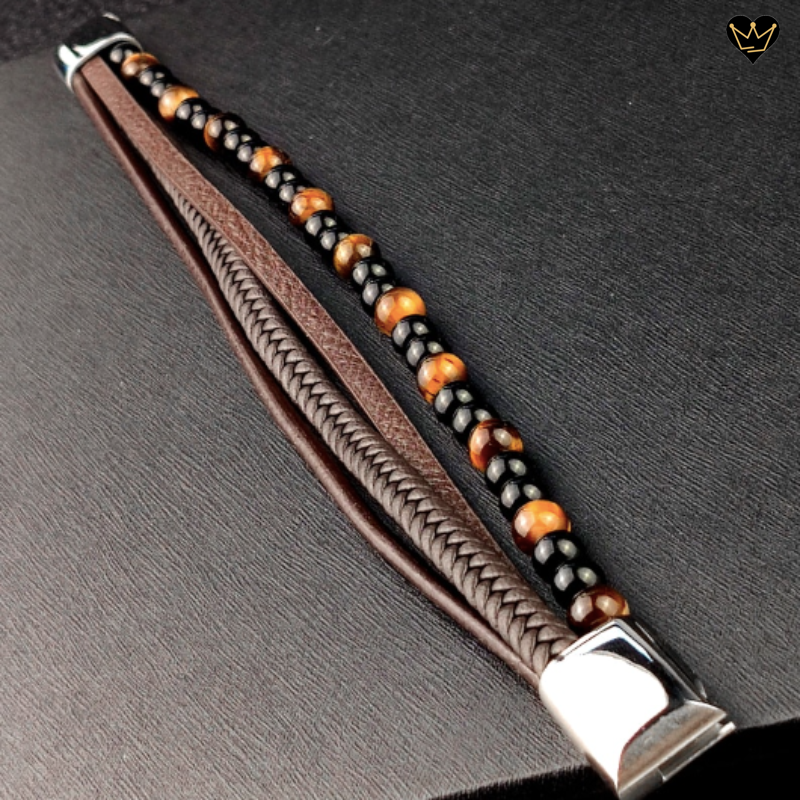 Bracelet pour homme en cuir marron véritable avec perles de agate et oeil de tigre - matériaux hypoallergénique