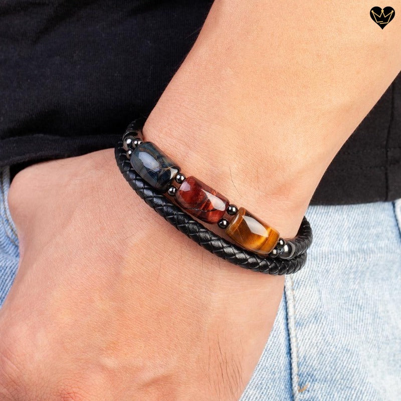Bracelet pour homme en cuir véritable avec pierres naturelles oeil de tigre - hypoallergénique