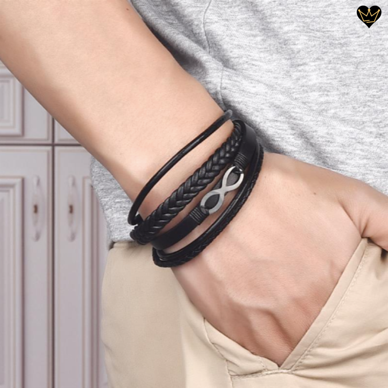 Bracelet pour homme en cuir véritable avec symbole infini en acier inoxydable - hypoallergénique
