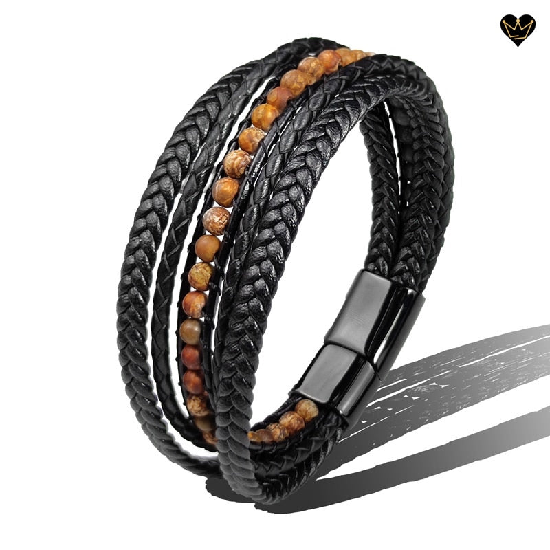 Bracelet homme avec lacets en cuir tressés noir - perles pierres naturelles agate - coloris caramel