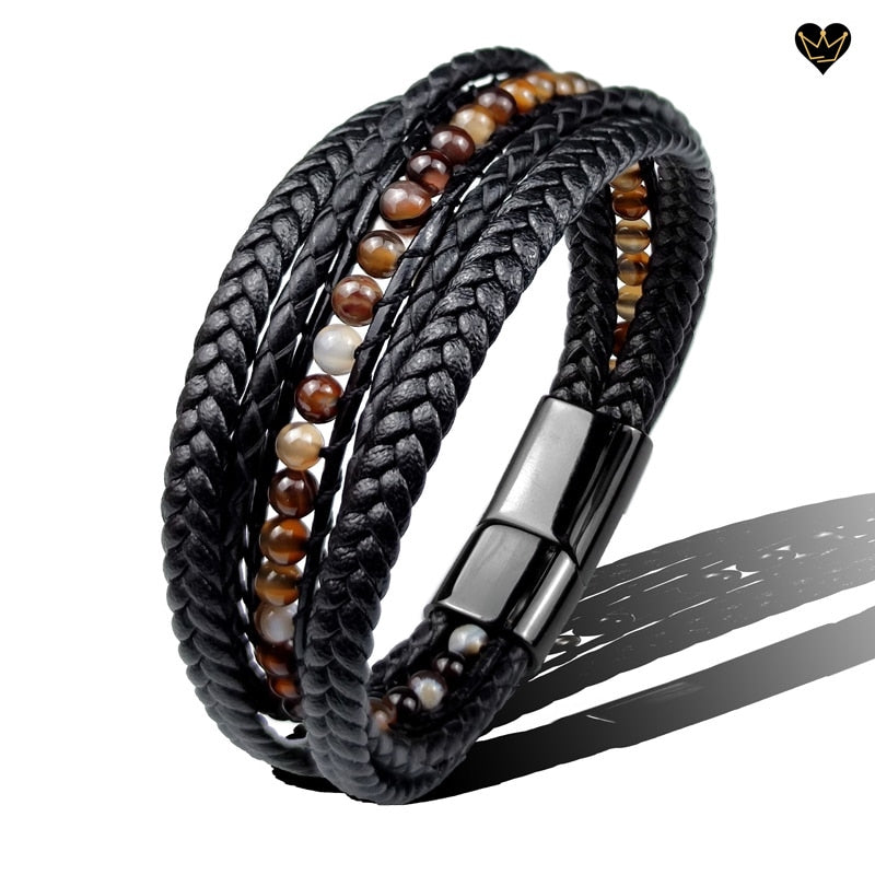 Bracelet homme avec lacets en cuir tressés noir - perles pierres naturelles agate - coloris marron