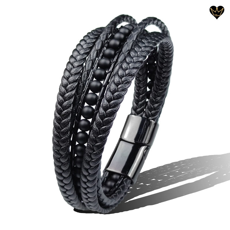 Bracelet homme avec lacets en cuir tressés noir - perles pierres naturelles agate - coloris noir