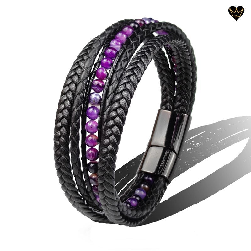 Bracelet homme avec lacets en cuir tressés noir - perles pierres naturelles agate - coloris violet