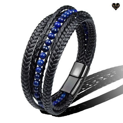 Bracelet homme avec lacets en cuir tressés noir - perles  pierres naturelles lapis-lazuli - coloris bleu