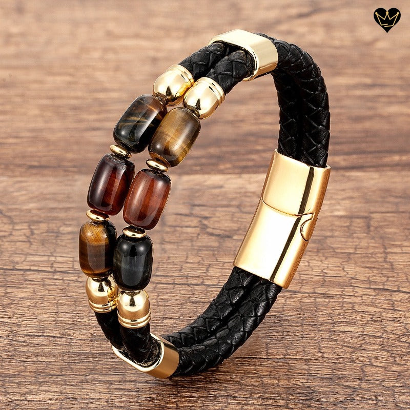 Bracelet pour homme en pierre naturelle oeil de tigre jaune, rouge et bleu avec cuir noir
