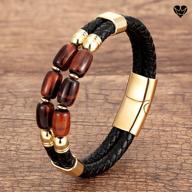 Bracelet pour homme en pierre naturelle oeil de tigre rouge avec cuir noir