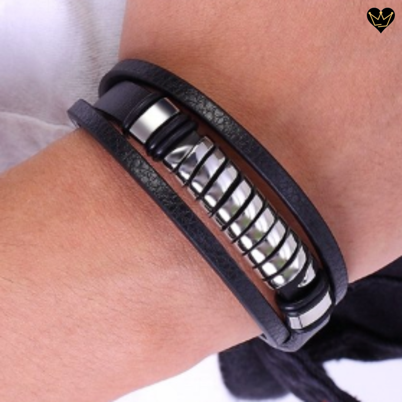 Bracelet pour homme avec spirale en acier inoxydable à lanières en cuir noir - bijou hypoallergénique