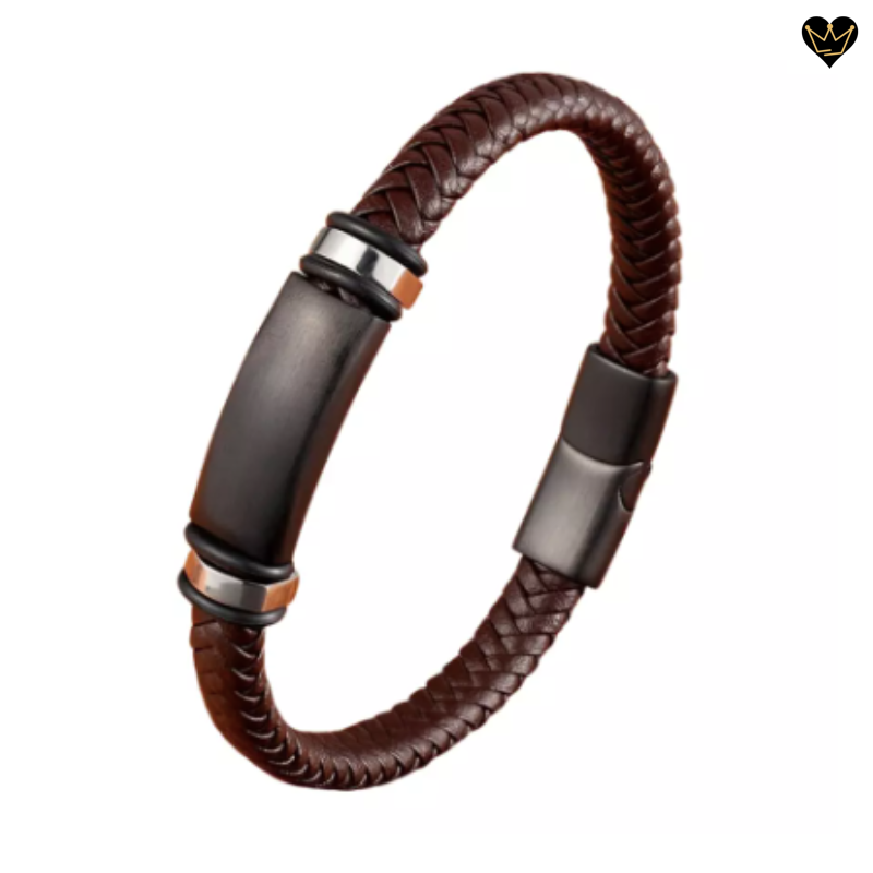 Bracelet pour homme avec tube en acier inoxydable - cuir coloris marron