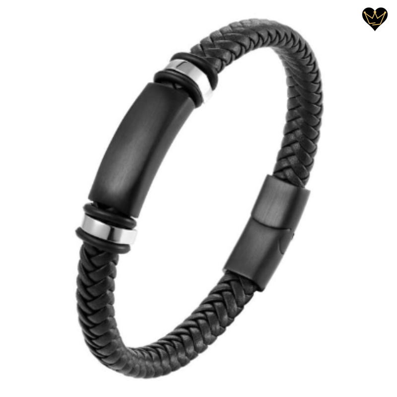 Bracelet pour homme avec tube en acier inoxydable - cuir coloris noir