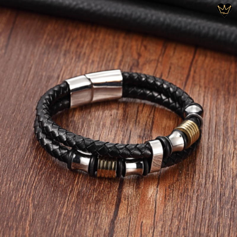 Bracelet double lanières - cuir noir tressé - perles bobine et diabolo - acier inoxydable - unisexe