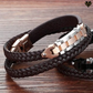 Bracelet avec mailles chaine design en acier inoxydable pour homme - cuir long marron véritable