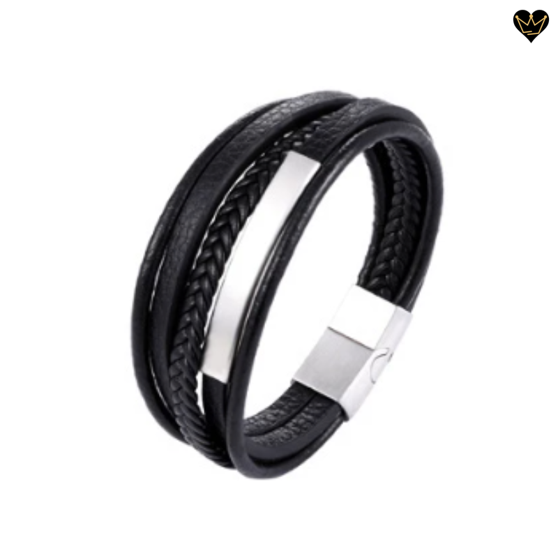 Bracelet multi-lanières en cuir noir véritable pour homme avec tube carré et fermoir magnétique - acier coloris argent