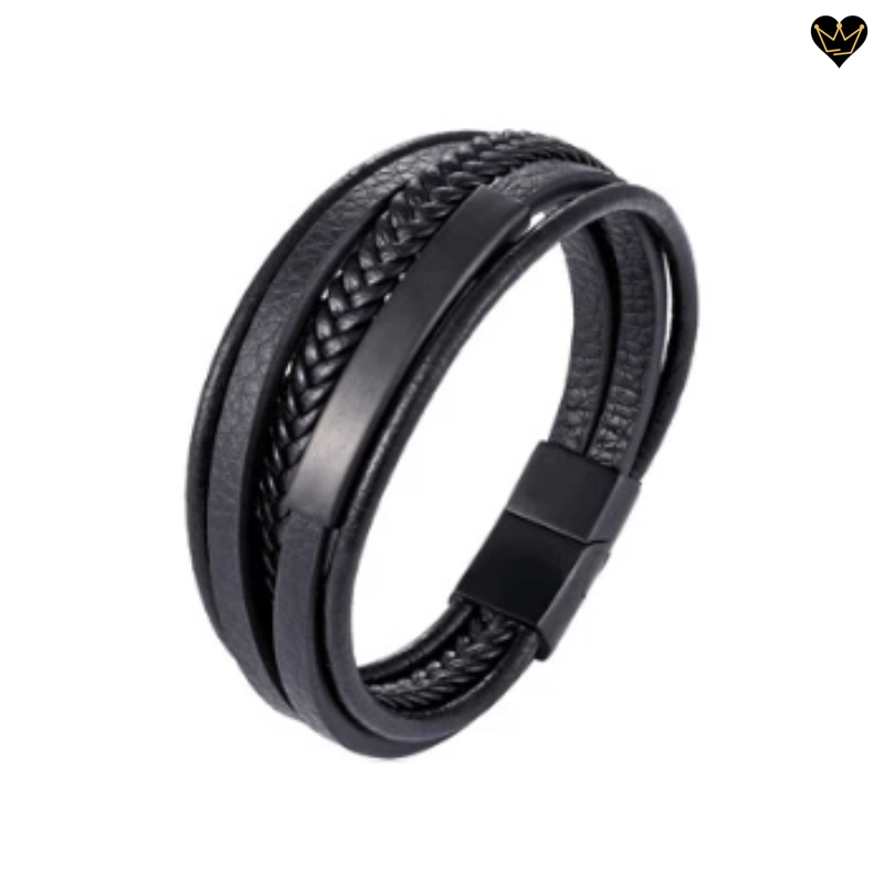 Bracelet multi-lanières en cuir noir véritable pour homme avec tube carré et fermoir magnétique - acier coloris noir