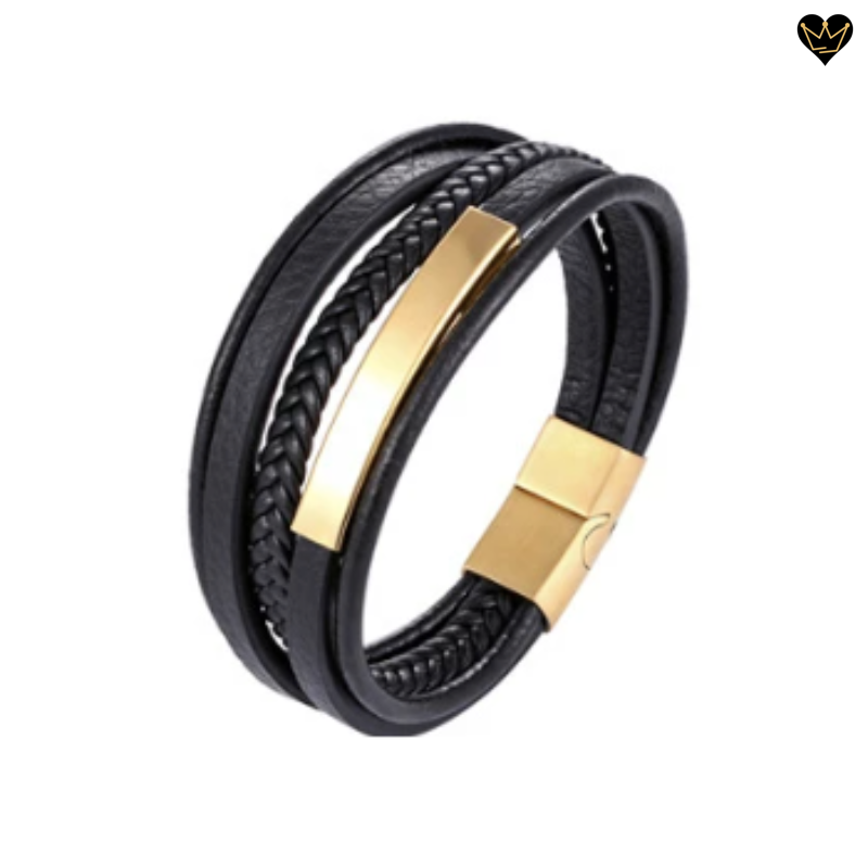 Bracelet multi-lanières en cuir noir véritable pour homme avec tube carré et fermoir magnétique - acier coloris or