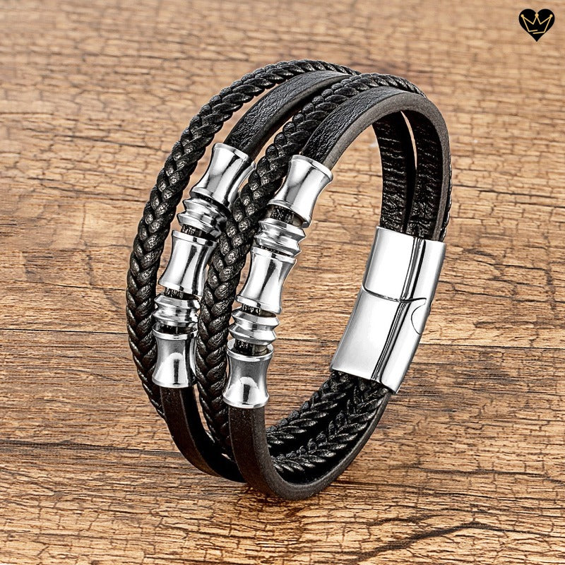 Bracelet multilanière lanières lisses et cordons tressés en cuir noir avec perles diabolo et fermoir magnétique en acier inoxydable - coloris argent