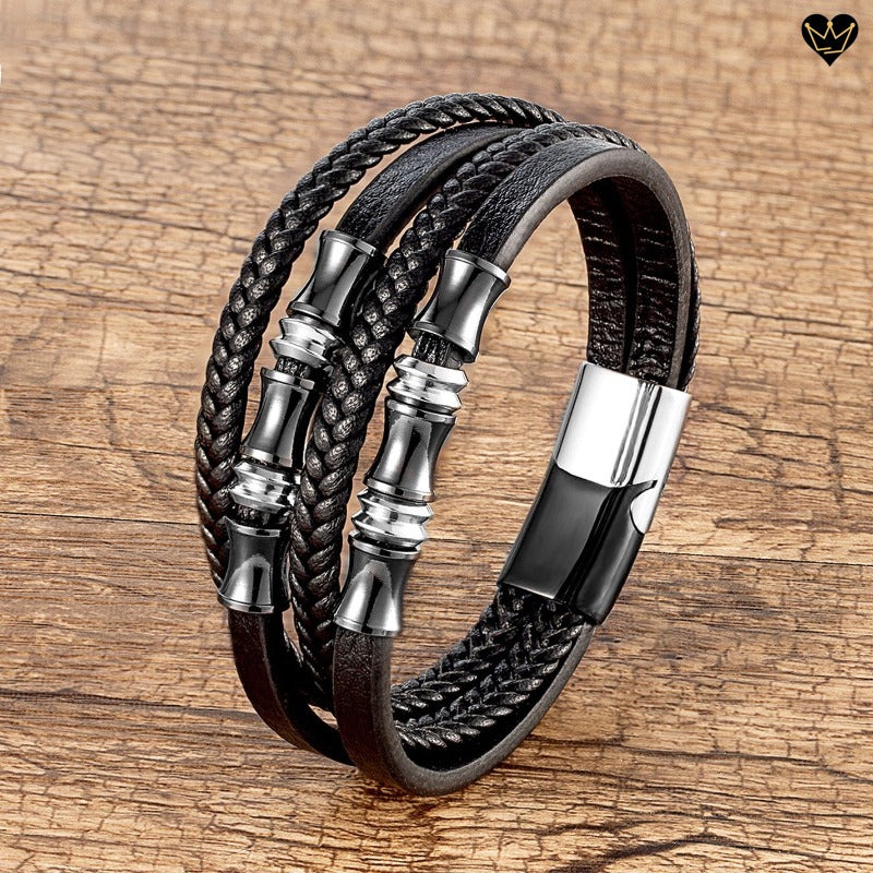 Bracelet multilanière lanières lisses et cordons tressés en cuir noir avec perles diabolo et fermoir magnétique en acier inoxydable - coloris noir et argent