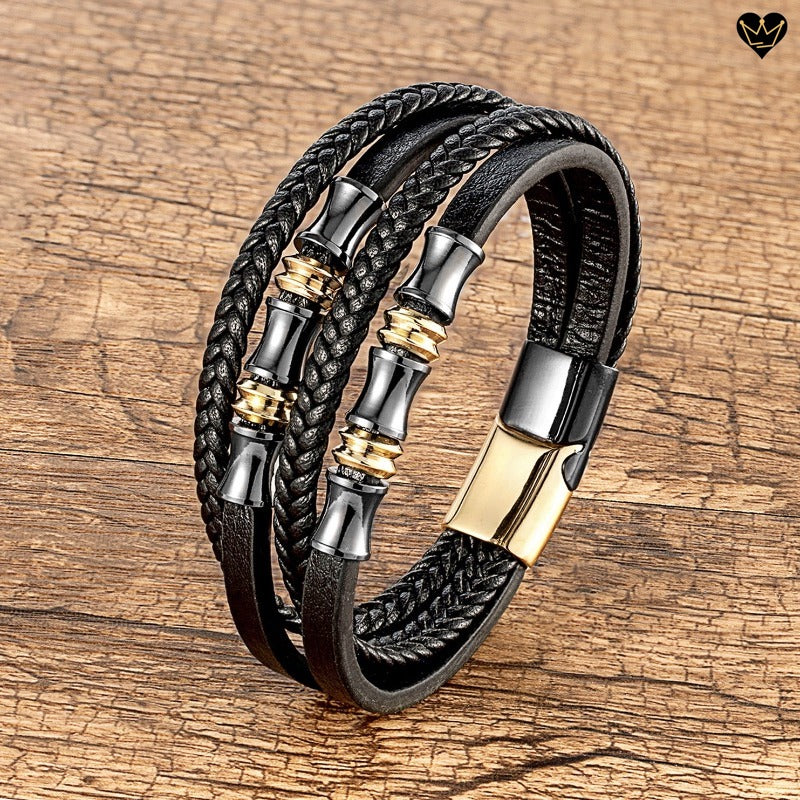 Bracelet multilanière lanières lisses et cordons tressés en cuir noir avec perles diabolo et fermoir magnétique en acier inoxydable - coloris noir et or
