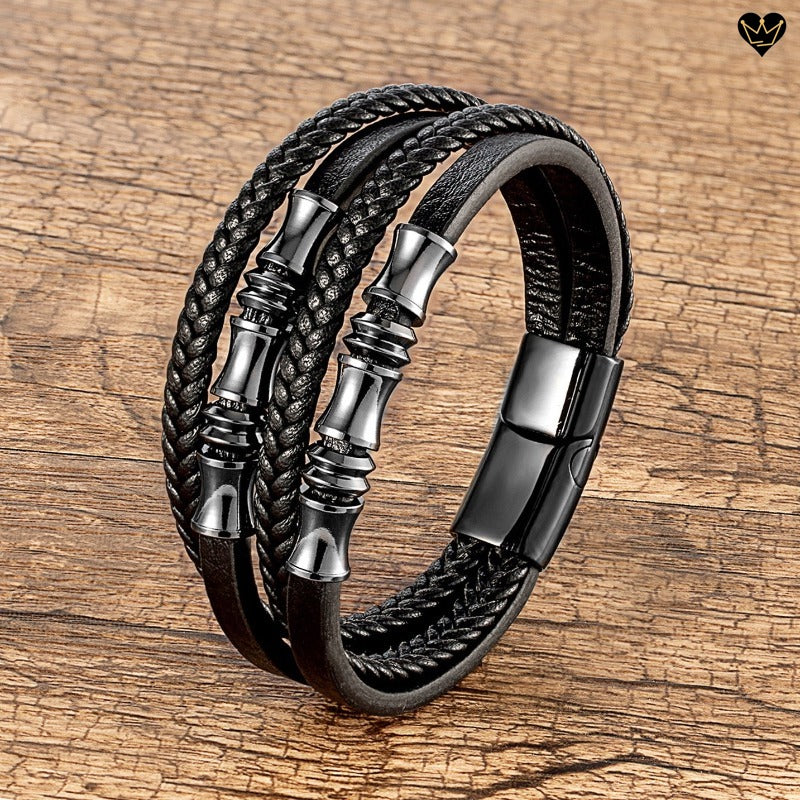 Bracelet multilanière lanières lisses et cordons tressés en cuir noir avec perles diabolo et fermoir magnétique en acier inoxydable - coloris noir