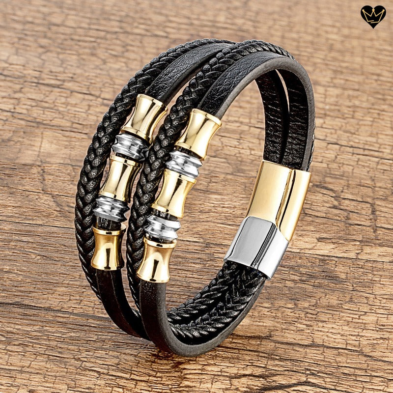 Bracelet multilanière lanières lisses et cordons tressés en cuir noir avec perles diabolo et fermoir magnétique en acier inoxydable - coloris or et argent