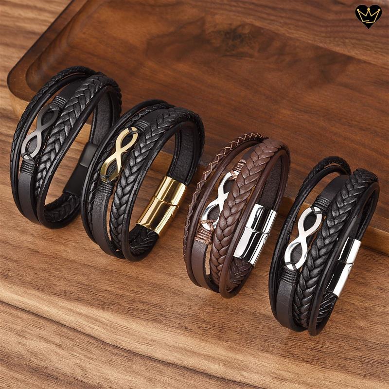 Bracelet multiple lanières cuir avec symbole de l'infini en acier - quatre modèles au choix