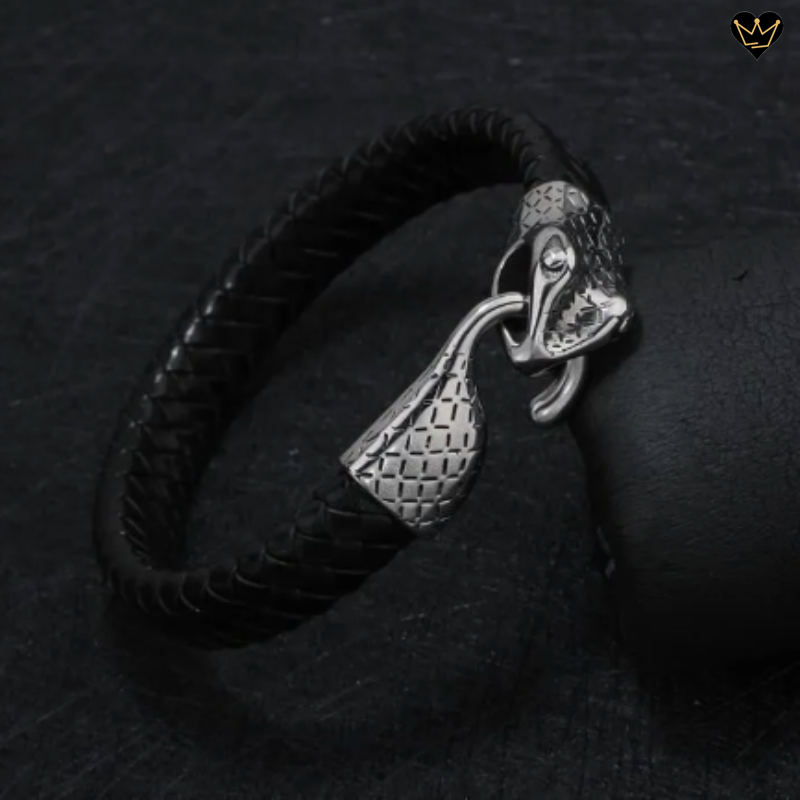Bracelet ouroboros avec serpent en acier inoxydable - véritable cuir noir tressé - fermoir à crochet