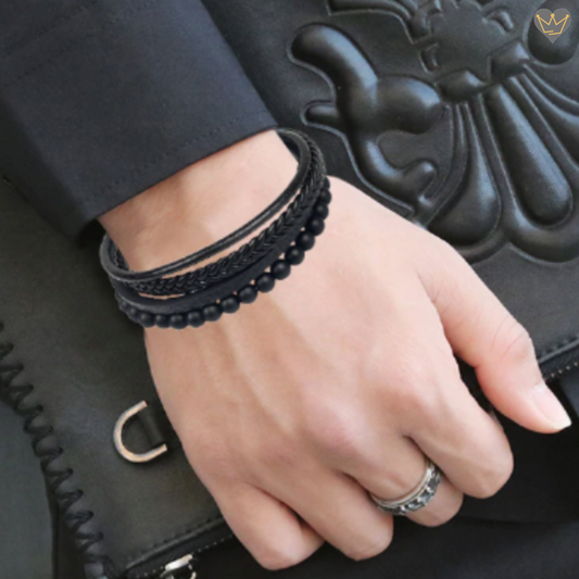 Bracelet en cuir véritable avec perles en pierres agate noires pour homme - hypoallergénique
