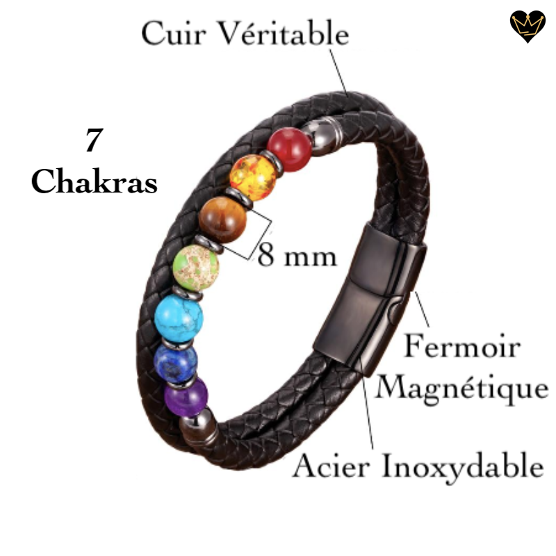 Bracelet de perles sept chakras en pierres naturelles - lanières de cuir noir - fermoir boucle en acier magnétique et inoxydable