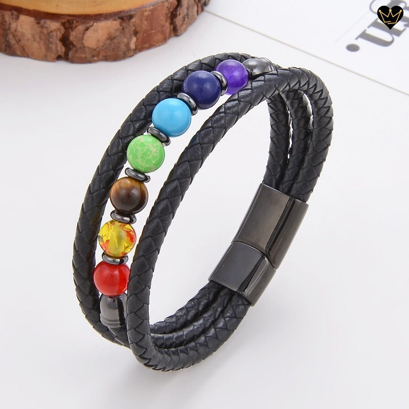 Bracelet en pierres naturelles au sept perles couleurs chakra - cuir noir homme - fermoir magnétique en acier - coloris noir