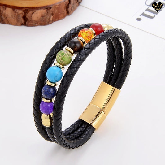Bracelet en pierres naturelles au sept perles couleurs chakra - cuir noir homme - fermoir magnétique en acier - coloris or
