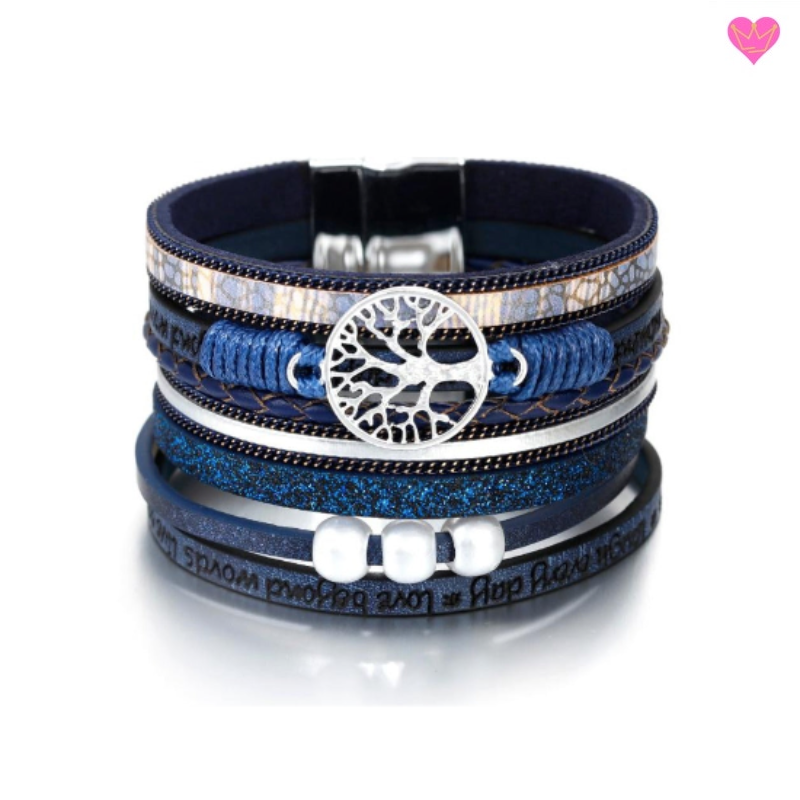 Bracelet simili-cuir wrap multilanière avec arbre de vie pour femme - fermoir magnétique - coloris bleu