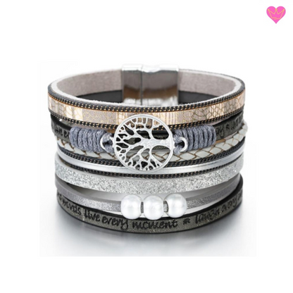 Bracelet simili-cuir wrap multilanière avec arbre de vie pour femme - fermoir magnétique - coloris gris 
